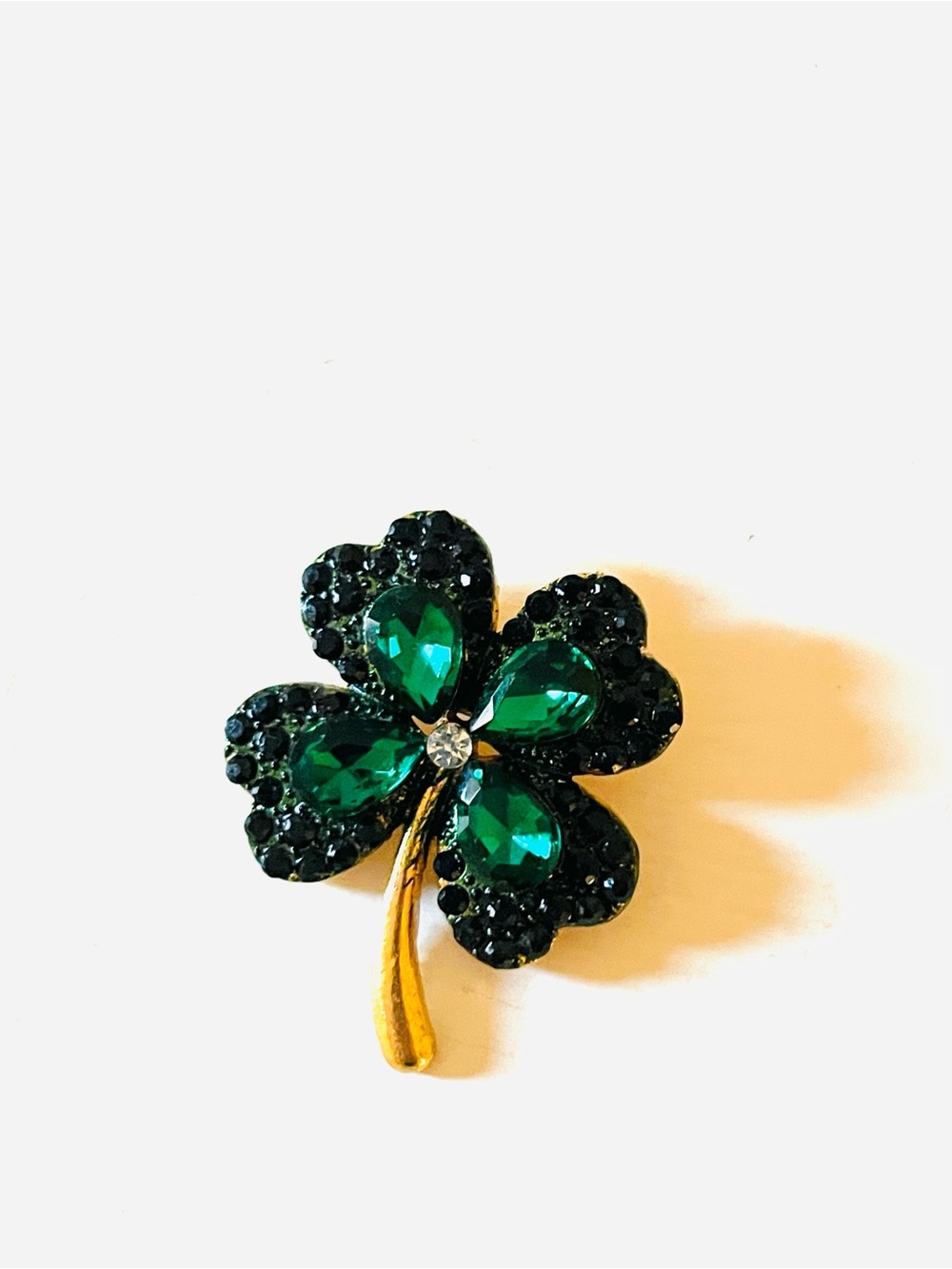VTG Green Gem 4 Leaf Lucky Clover Crystal Brooch Pin
